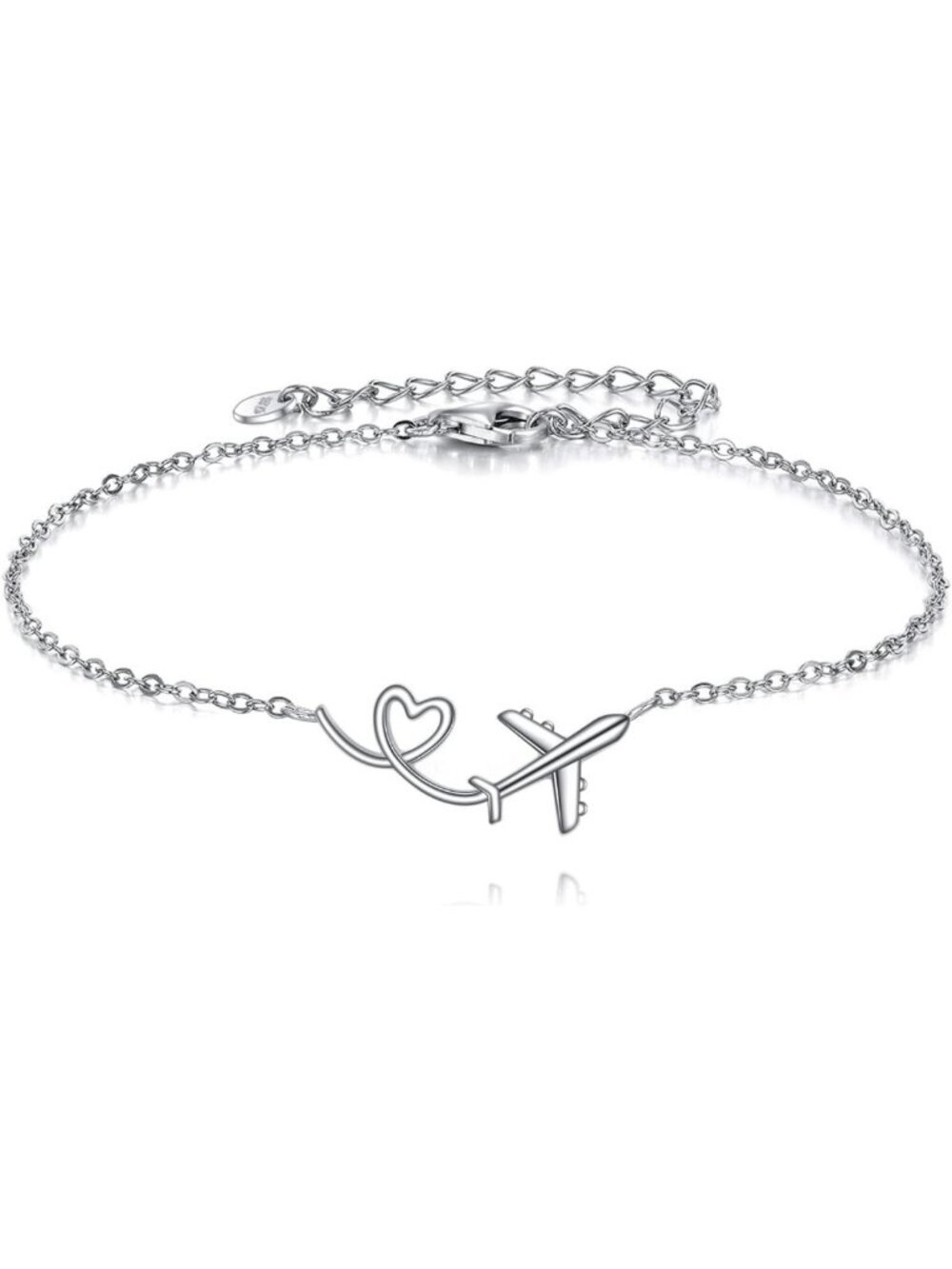 Sterling Silver Airplane Bracelet | Heart Charm Jewelry Gift for Him & Her